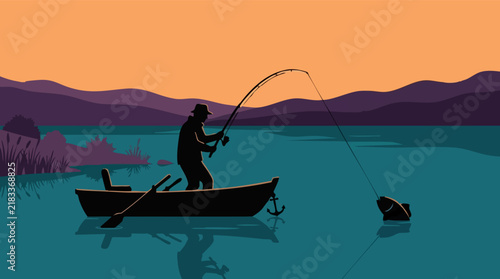 Obraz na plátne Fisherman catches a fish from a boat on a calm lake at sunrise or sunset