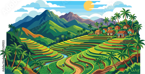 Green rice terraces and traditional village under sunny sky with mountain background