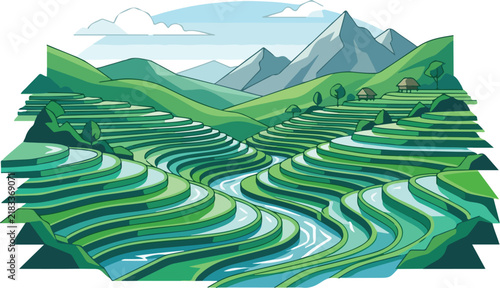 Green rice terraces cascade down hills with majestic mountains in the background under a blue sky