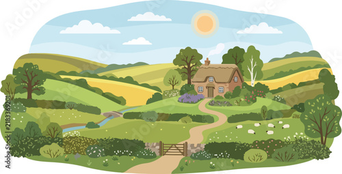 Cozy cottage standing on rolling green hills under a bright sunny sky