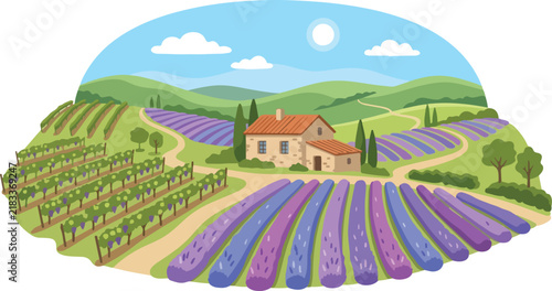 Traditional farm house sitting among purple lavender fields and green vineyards under sunny sky