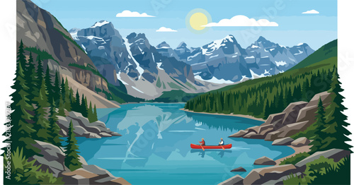 People paddling a red canoe on a mountain lake surrounded by pine forest