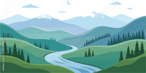 River flowing through green hills and mountain valley under blue sky