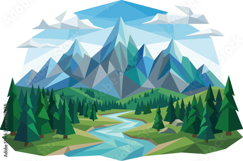 Geometric landscape of majestic blue mountains with winding river and pine tree forest under blue sky