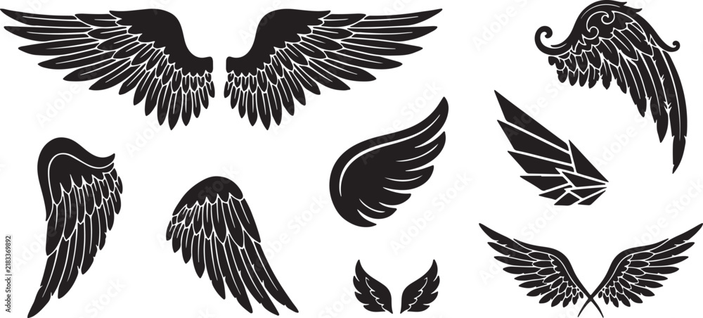 Fototapeta premium Angel wings icon set in flat style, bird wing symbol collection and group, black monochrome vector illustration isolated on transparent background. silhouette vector illustration