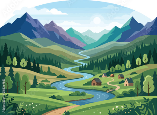 Winding river flowing through green mountain valley with small rural village houses under sunny sky