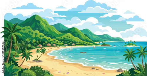 Tropical beach with palm trees and ocean shore under green mountains and cloudy sky