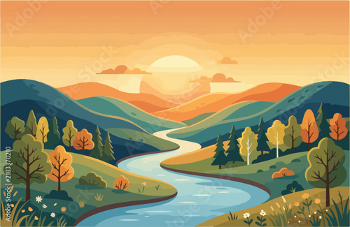 Scenic river flowing through colorful autumn hills during a warm sunset