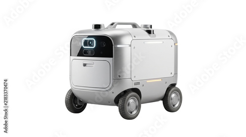Autonomous delivery robot on wheels. Futuristic silver courier bot for smart logistics. Modern robotic vehicle for last-mile shipping.