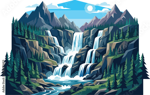 Scenic waterfall cascading down rocky cliffs surrounded by pine trees and majestic mountains under a clear sky
