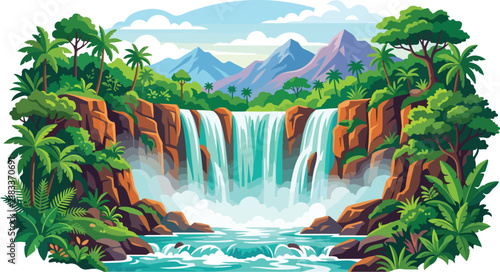 Tropical waterfall cascading down rocky cliffs surrounded by lush jungle foliage and distant mountains