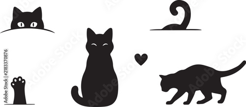 Black cat set with peeking kitten eyes tail and paw. silhouette vector illustration