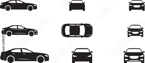 Car silhouette vector icon set side view top view front view vehicle collection isolated. silhouette vector illustration