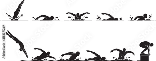 Professional swimming silhouette set features swimmers diving and racing. silhouette vector illustration
