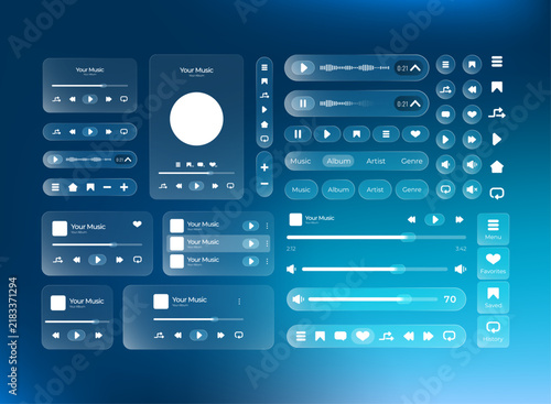 Futuristic glassmorphism music player UI kit with responsive layouts, playback controls, audio waveforms, volume sliders, album cards, and navigation elements on a blue gradient background.