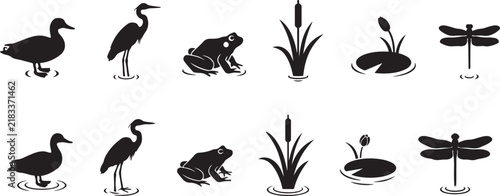 Set of solid black wetland silhouette icons featuring pond animals, duck, heron, frog, and aquatic plant vectors. silhouette vector illustration