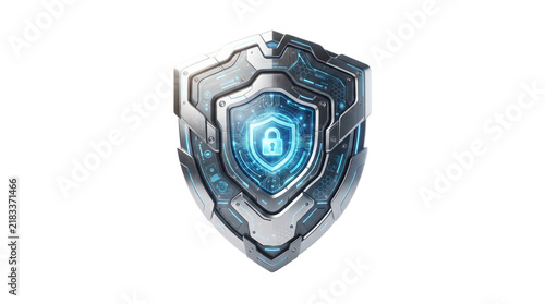 Futuristic cyber security shield with glowing blue padlock, metallic digital protection icon, high-tech network safety emblem on white background