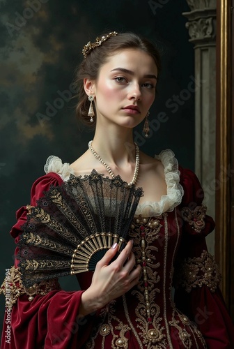 Renaissance noblewoman in red velvet gown holding lace fan