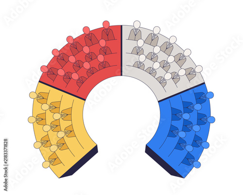 Color coded parliament seating 2D cartoon clip art. Circular chamber with sections. Party affiliation. Political representation isolated flat vector element on white background. Spot illustration