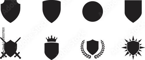 Shield silhouette icon set with 8 vector elements, heraldic coat of arms frames, black security badges and protection symbols for logo design. silhouette vector illustration