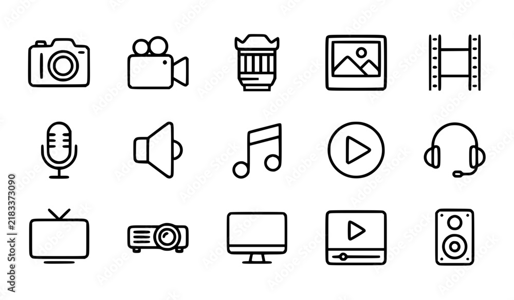 Fototapeta premium Multimedia Technology Photo Video Music Editable Line Icons Vector Set
