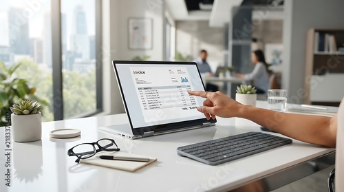 Reviewing Digital Financial Audit and Invoice Items on Touchscreen Display