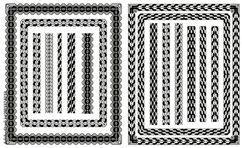 Black decorative isolated frames, lines with intertwined geometric elements on a white background. Vector illustrations of decorative frames and lines.