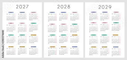 2027 2028 2029 Spanish calendar template set. Minimalist 3 year annual calendar planner layout with colorful pastel month headers in Spanish language for home and office planning.
