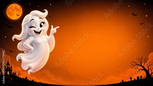 Friendly cartoon ghost pointing under full moon and flying bats on orange Halloween night background for kids party invitation, school event, preschool celebration, family festival and copy space