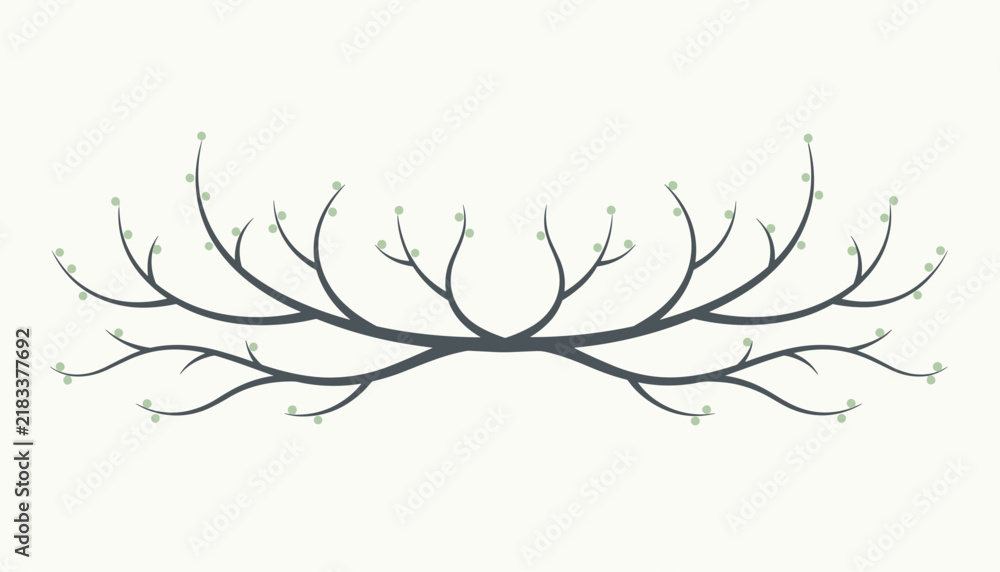 Fototapeta premium Symmetrical tree branch design with delicate green leaves on a light background serves as an elegant header or divider.