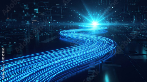Glowing blue binary data streams flowing in a winding path across a dark futuristic circuit board representing cloud computing, high speed internet connection, and digital information transfer.