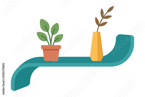 Modern Curved Blue Wall Shelf With Potted Plants