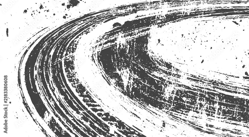 Obraz premium Abstract Curved Tire Track Marks, Rough Grunge Road Texture with Black Rubber Streaks, Dust and Distressed Surface Pattern