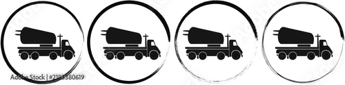 Four identical black of a cement mixer truck, arranged horizontally inside circular frames on a white background