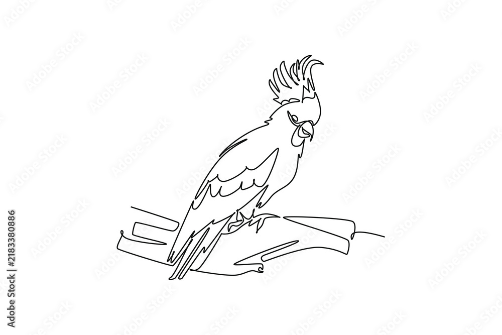 Fototapeta premium Single one line drawing cockatoo parrot perched on a tree branch, featuring feathered crest details, wildlife artwork, and nature conservation. Continuous line draw design graphic vector illustration