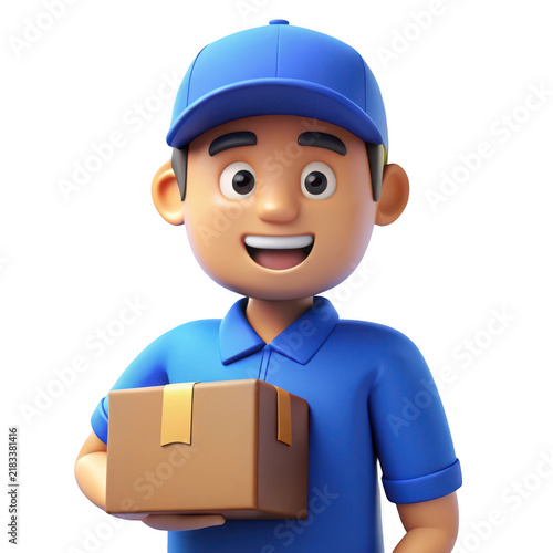 Friendly cartoon delivery man holding a small cardboard package with a cheerful expression