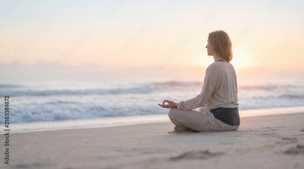 Fototapeta premium Woman meditating in lotus pose on a sandy beach at sunrise, capturing peaceful mindfulness and spiritual zen for mental health wellness and holistic yoga retreat marketing.