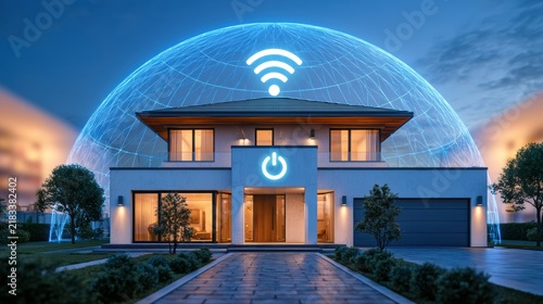 A modern house protected by a digital security dome symbolizing smart home technology and wireless connectivity at dusk.