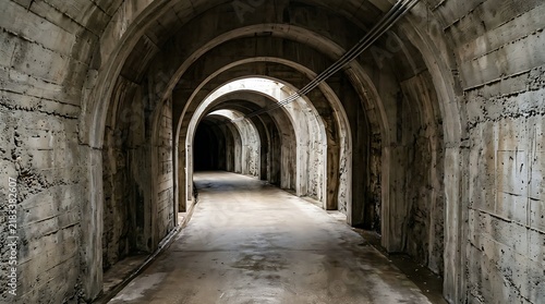Concrete tunnel walkway with arched ceiling receding into darkness
