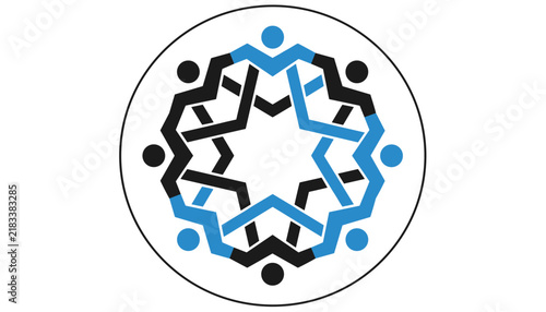 Abstract community network logo featuring stylized blue and black human figures holding hands in a circular pattern.