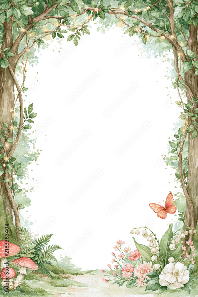 Obraz premium Enchanted woodland border with thick twisting tree trunk and vine, lush green foliage frame with fairy flower garden and butterfly wonderland fantasy art illustration