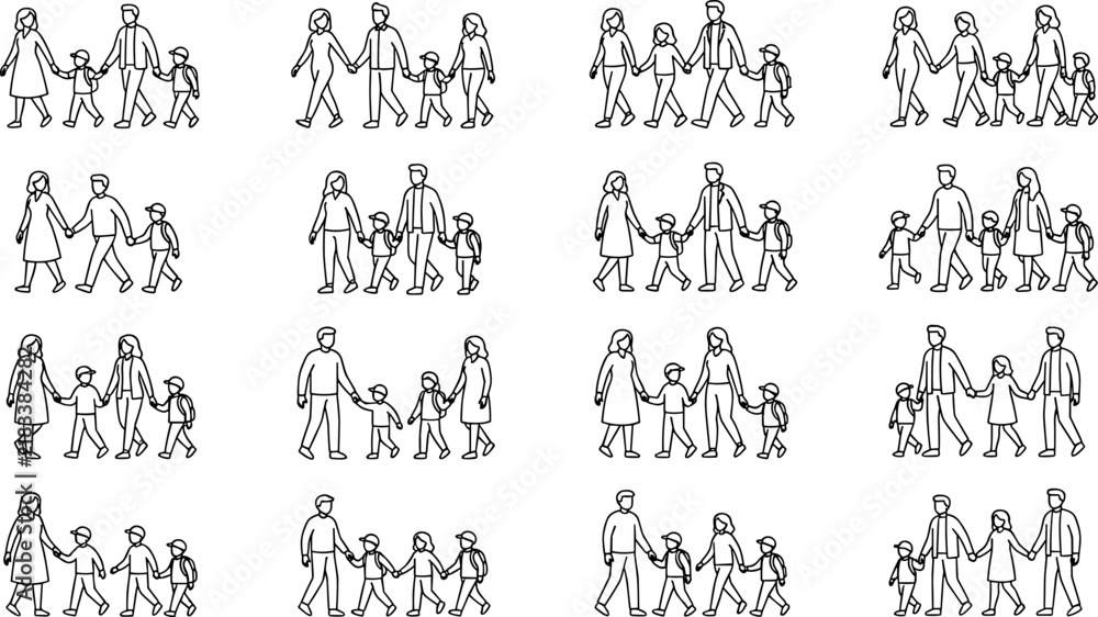 Fototapeta premium Happy Family Vector Line Art Icon Set featuring Parents Walking and Holding Hands with Children for Lifestyle Media Designs