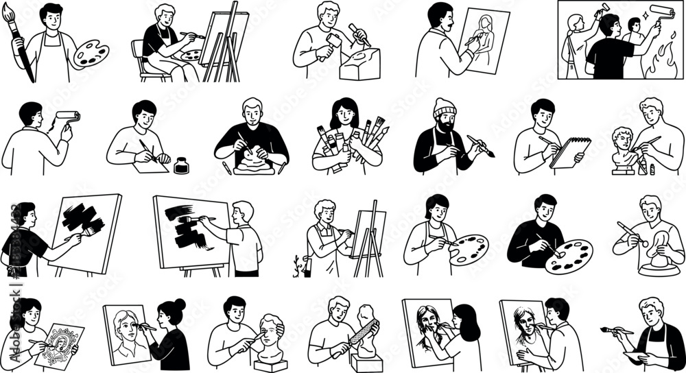 Fototapeta premium Artist and Painter Vector Line Art Icon Set featuring Creative People Drawing Painting Sculpting and Creating Fine Art in Studio Workshops