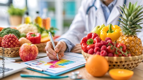 Nutritionist doctor in white coat writing on diet chart with fresh fruits and vegetables on office desk
