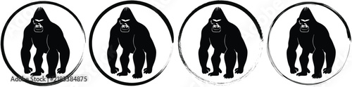 Four circular featuring a black silhouette of a standing gorilla on a white background, for wildlife primate