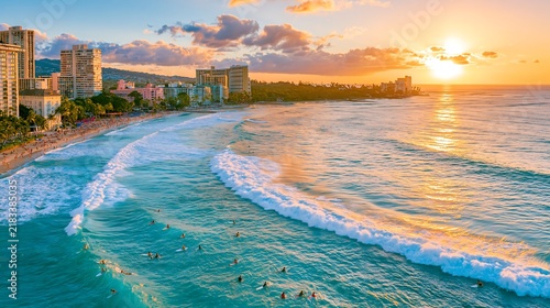 Aerial view of tropical beach resort at sunset with ocean waves and surfers

