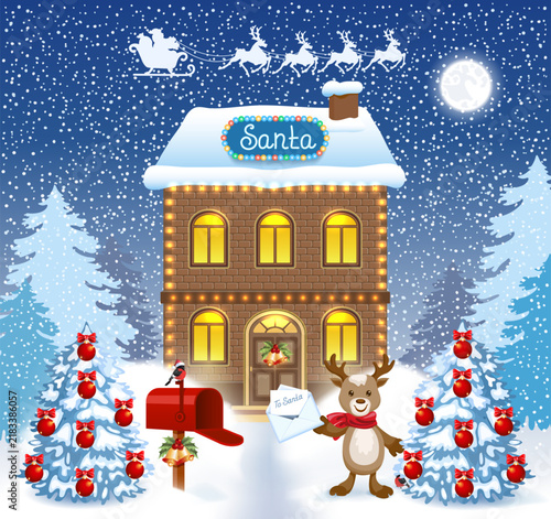 Christmas card with Santa's workshop and funny fawn with Santa letter wishlist and mailbox against winter forest background.