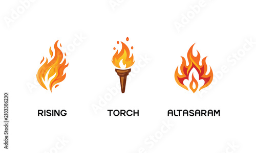 3D Cartoon Gradient Fire Icons Collection, Types of Flames and Torch Vectors, 3D Fire and Torch Icon Set Vector, Gradient Flame Energy Graphic
