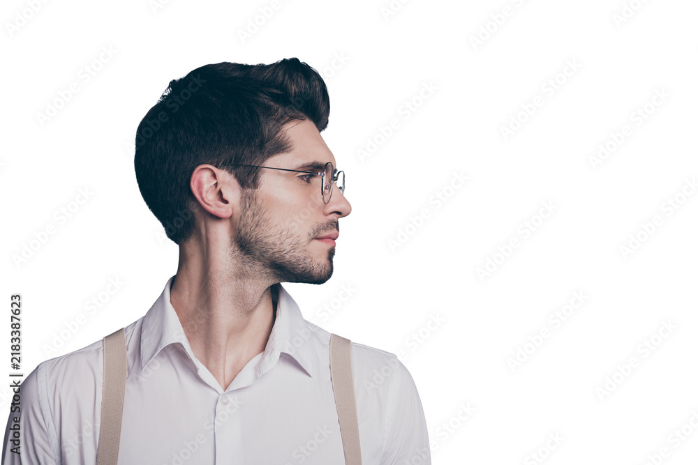 Obraz premium Close-up profile side view portrait of his he nice attractive imposing experienced content brunette guy looking aside isolated over grey violet purple pastel color background