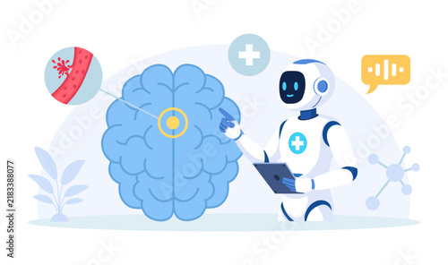 AI Robot Analyzing Brain for Neurological Diagnosis Healthcare Innovation and Medical Automation Flat Vector Illustration